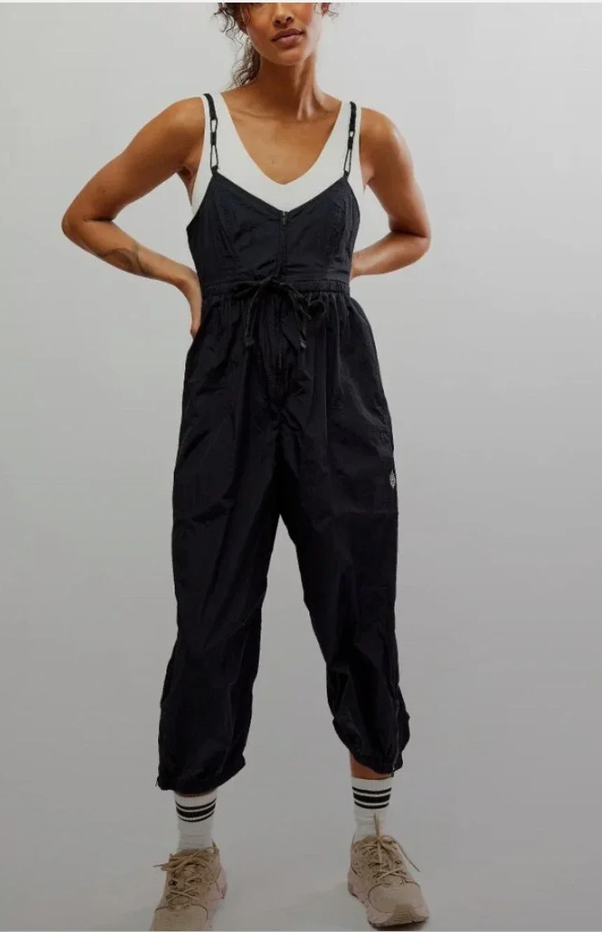NEW FREE PEOPLE FP MOVEMENT BLACK DOWN TO EARTH NYLON ONE PIECE JUMPSUIT SZ S